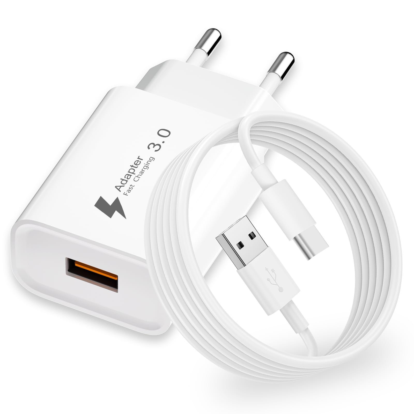 Caricatore USB 18W con Cavo Type-C 2M per Samsung Galaxy A15/A53/A13/A14/A12/S10/S9/S8/A32/A21S/A04S/A53/S23/S22/S21,Xiaomi,iPhone 15 16, QC3.0 Presa USB Alimentatore USBC Rapido Caricabatterie