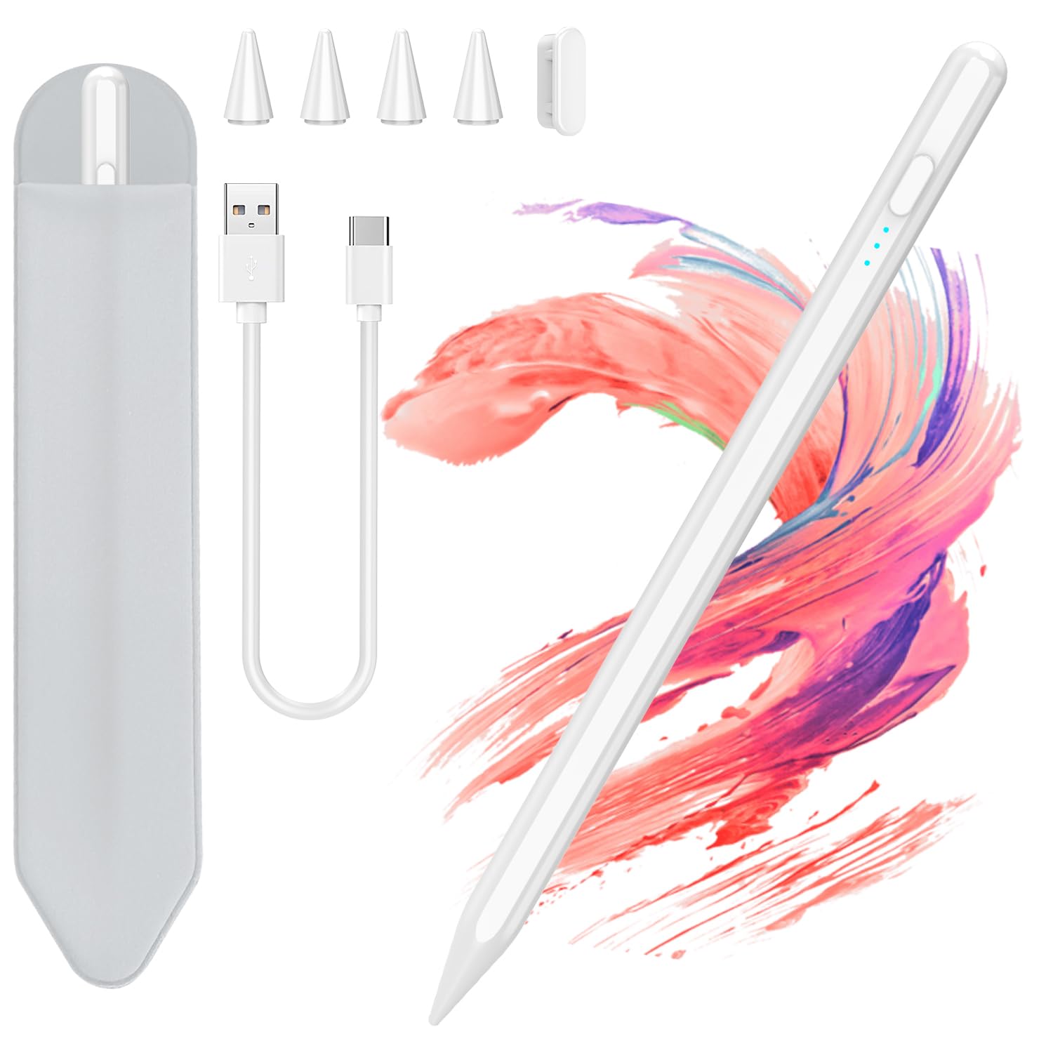 COO Stylus Pen for iPad, Pencil with Three Digit Indicator Light capacitive Pen, for Universal Pen Box Packaging (White02, 1 Plus 4 Pen Tips & 30cm Cable & Grey Pen Plugs)-image-24