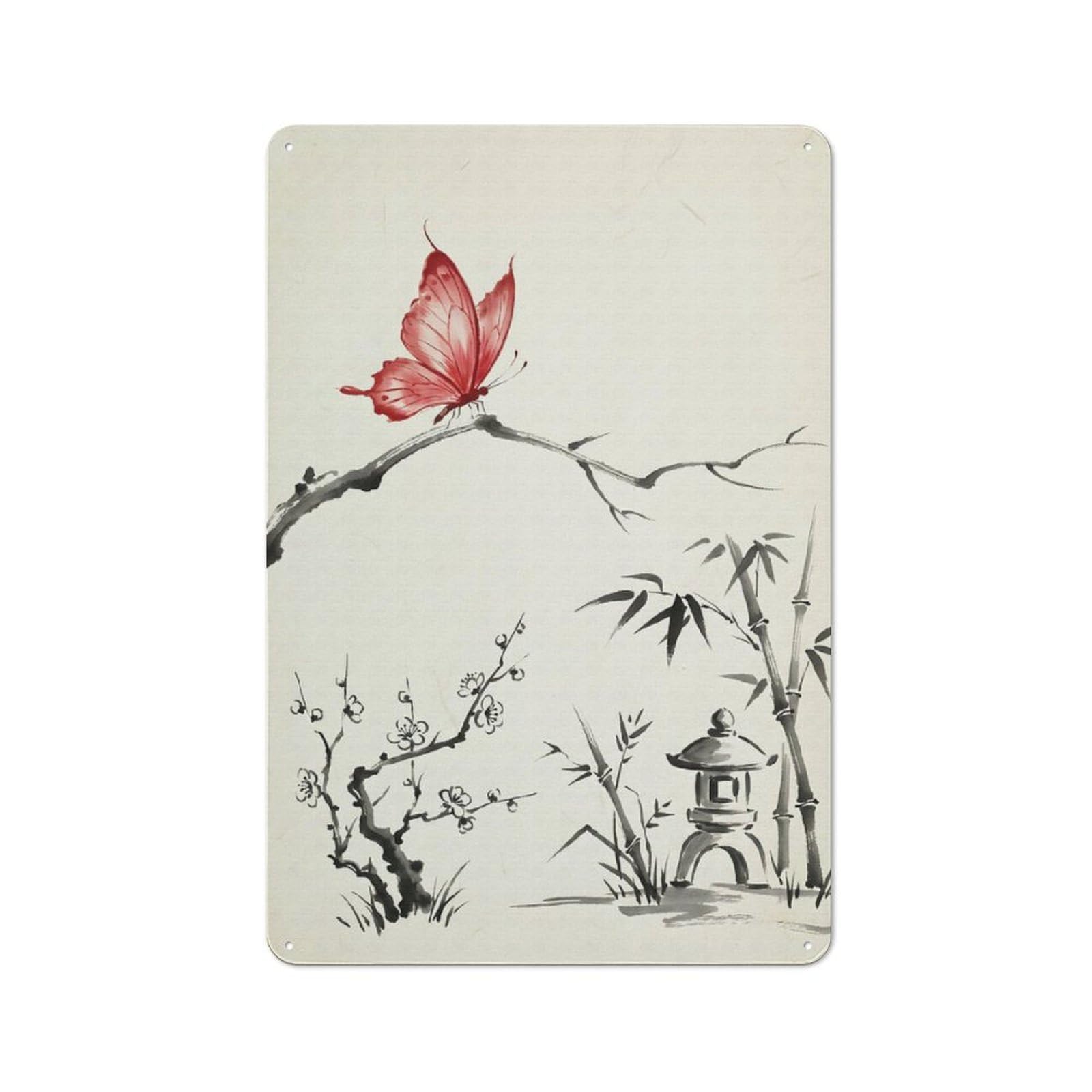 For Hobby Room Or Studio, Red Butterfly Japanese Ink Painting Retro Metal Wall Sign 30x20cm, for Vintage Wall Decor Fans, for Themed Room Decoration