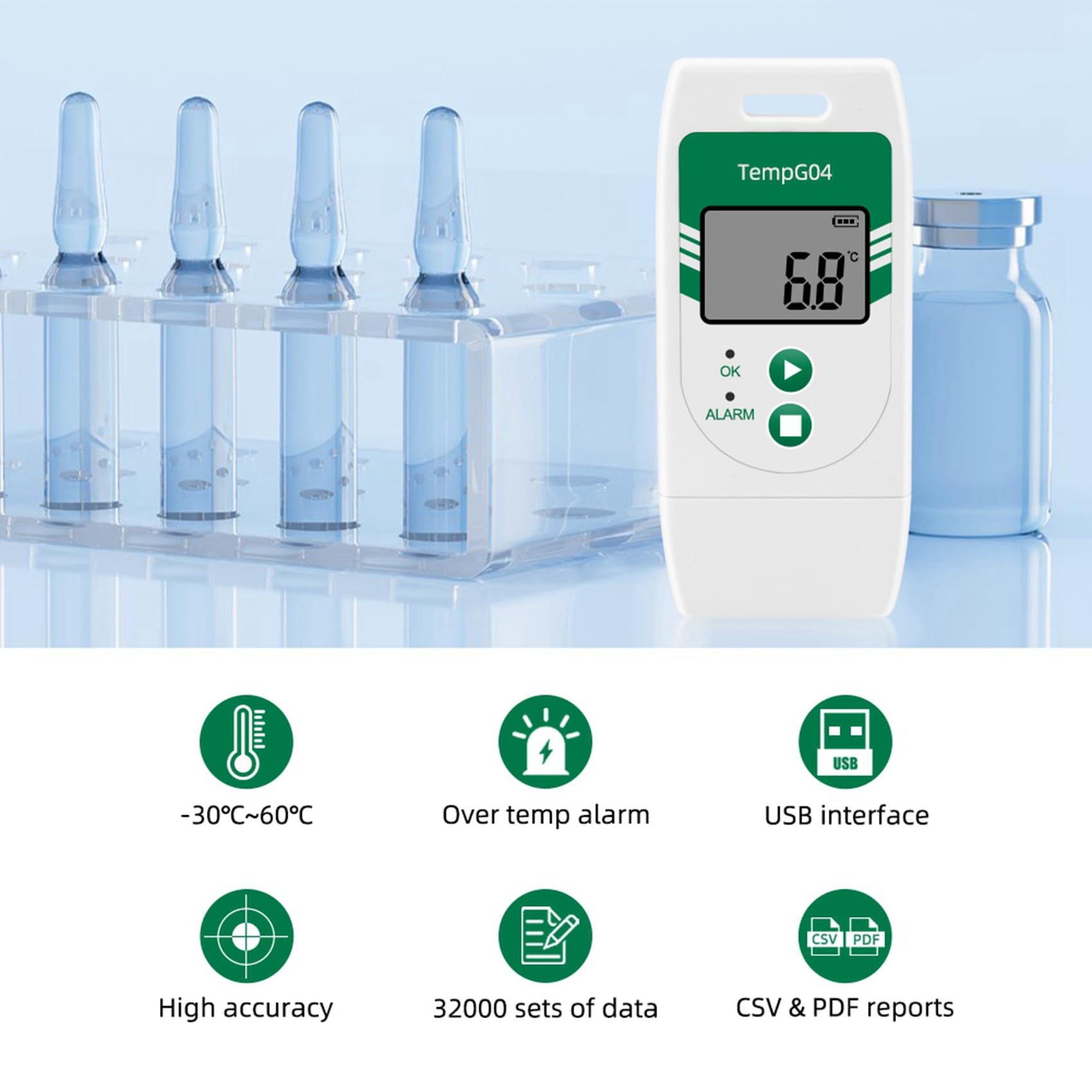 TempG04 - Registrador de datos de temperatura USB, 2 unidades, exportación a CVS y PDF, capacidad de 32.000 puntos para el transporte de cadena de frío de frutas y verduras en el laboratorio