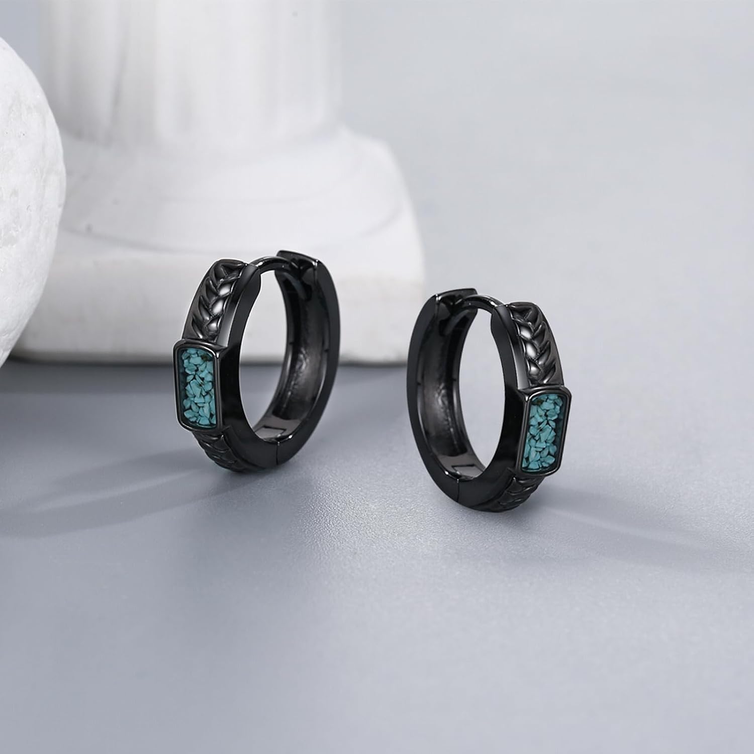 925 Sterling Silver Earrings Viking/Ankh Earrings for Men Black Turquoise Hoop Earrings Men Father’s Day Hoop Earrings - Image 2