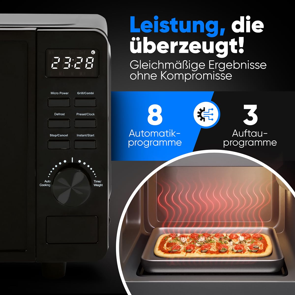 ProfiCook Mikrowelle mit Grill 20L | Mikrowelle ohne Drehteller für gleichmäßige Wärmeverteilung | Mikrowelle schwarz mit Timer und Auftaufunktion | inkl. Grillrost: 23 x 20cm,1150W | PC MWG 1278