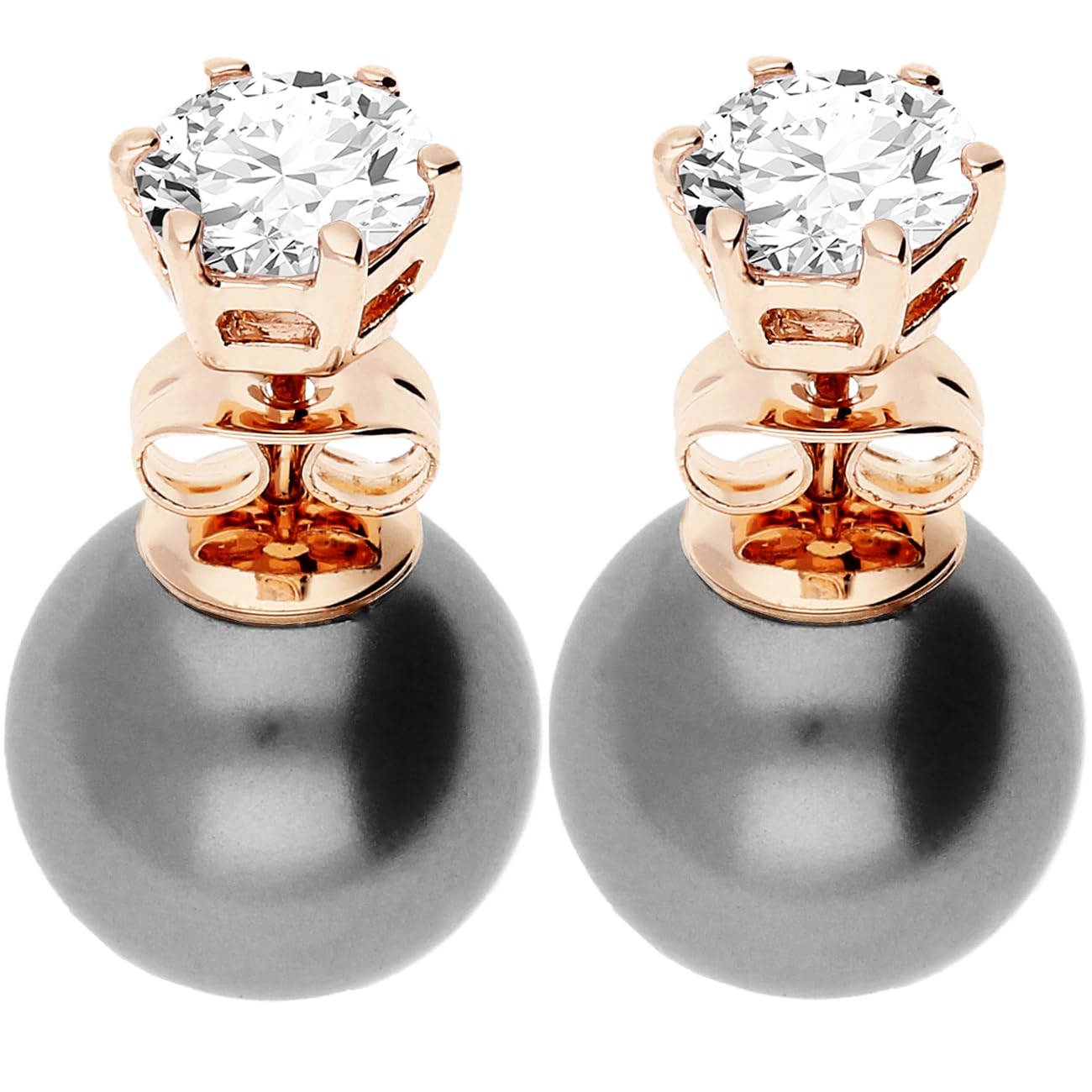 Ohrstecker Doppel Ohrringe 750er Roségold Vergoldet Zirkonia Zwei Perlen Grau 10mm, Damen Perlenohrringe Glitzer Stein Front Back Set Rose Gold Schmuck
