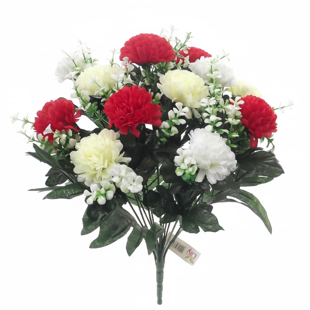 36cm Artificial Silk Red White & Cream Spiky Chrysanthemum / Mum Bush - 14 Flower Heads