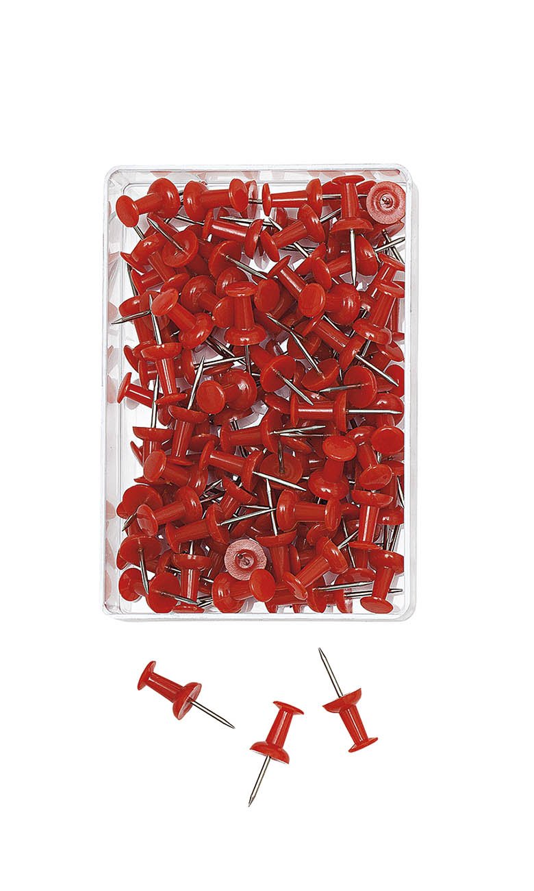 Wedo 54202 szpilki do przypinania w kształcie diabolo o długości 2,3 cm, średnica głowicy 9 mm, długość igły 1,1 cm, 100 sztuk w przezroczystej puszce, czerwone