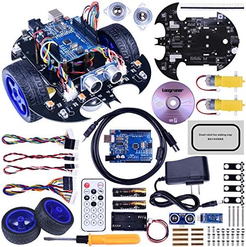 Longruner Robot Car Robot Kit with R3 Line Tracking Module Ultrasonic Sensor DIY Starter Kit Robotics Educational Car Kits Toys for Kids with Tutorial Compatible with ArduinoIDE