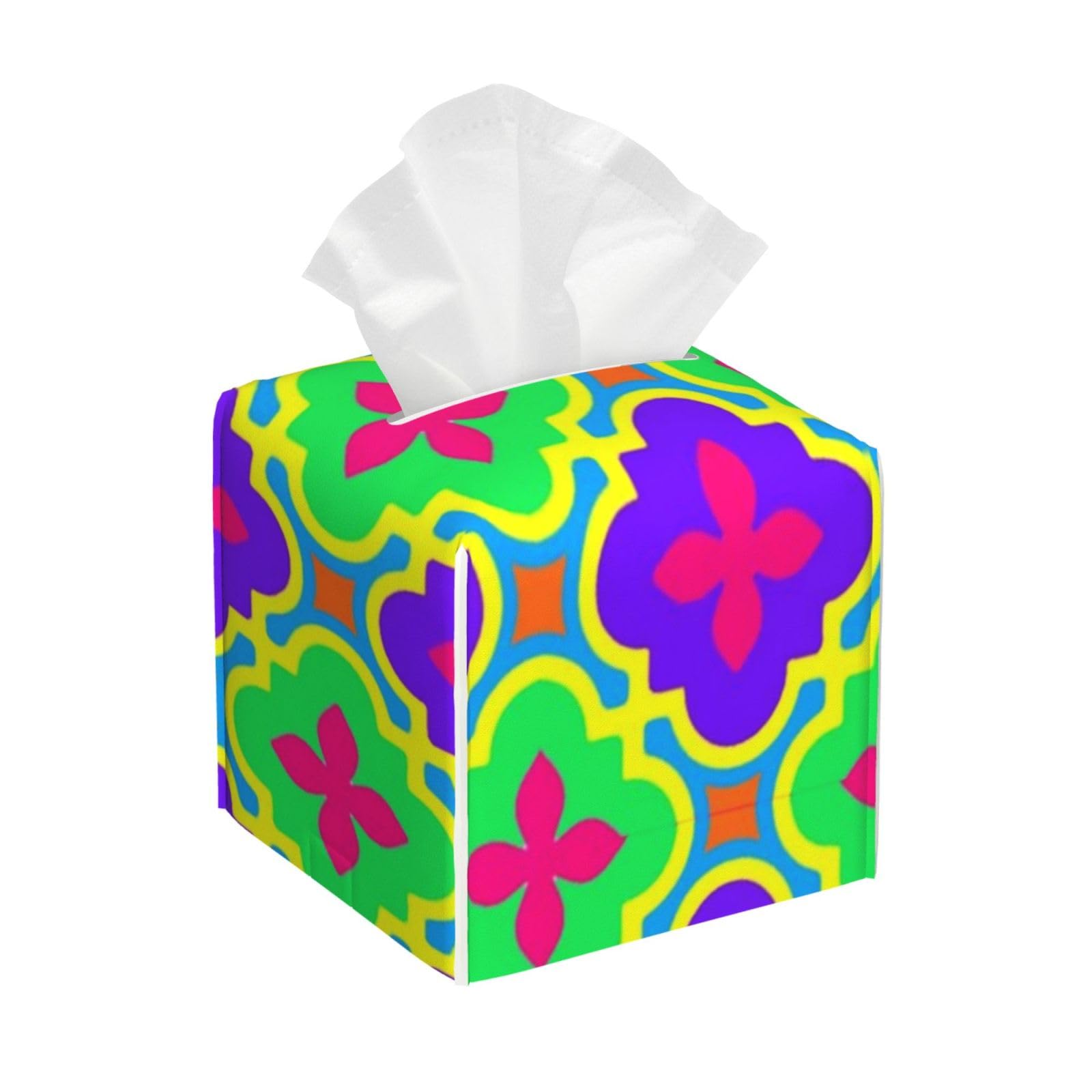 Rainbow Geometric Pattern Tissue Box Cover 5" Square Leather Tissue Holder Facial Tissue Case for Tabletop Bedroom Bathroom Desk Decor