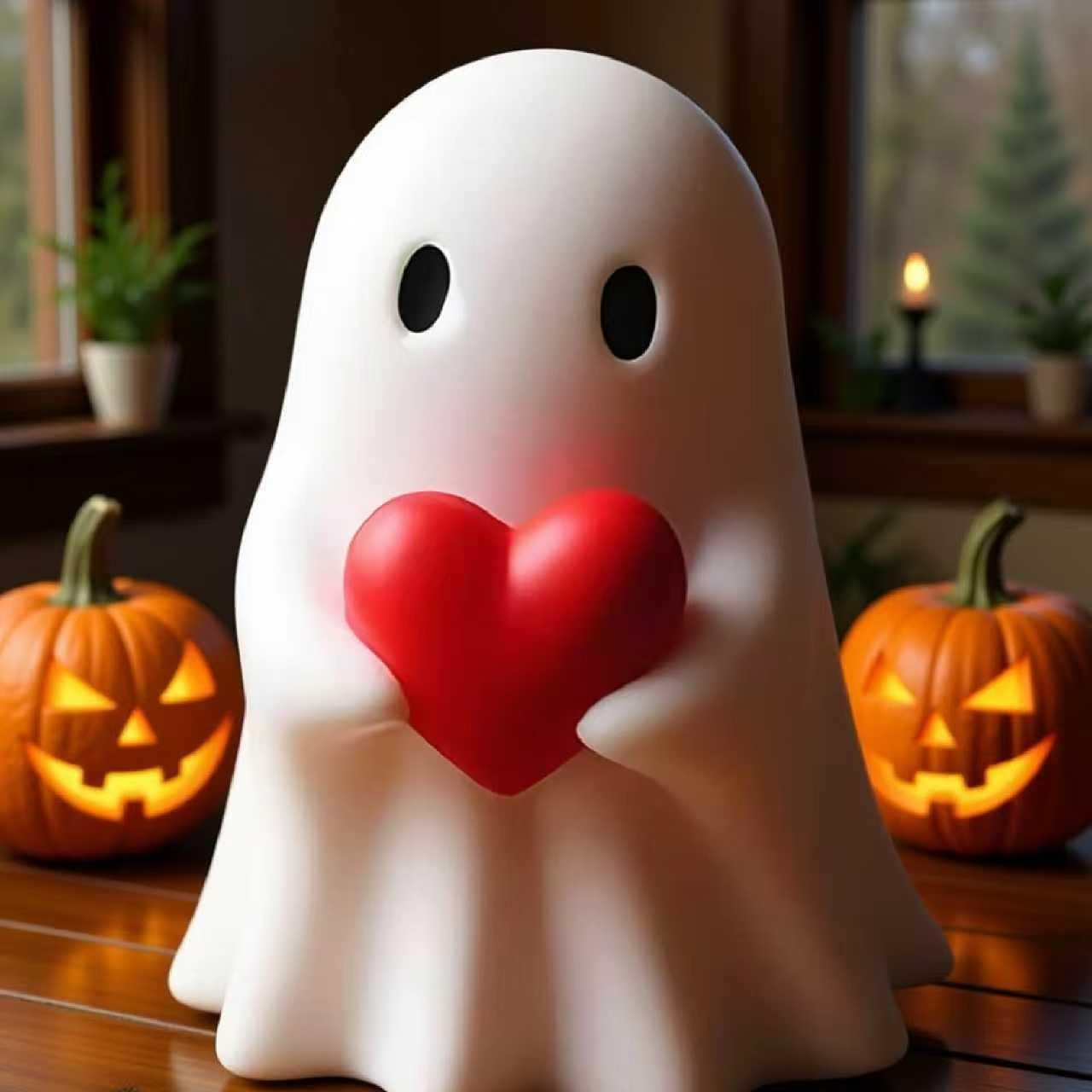 White Decorative Halloween Ghost Figurine (Red Heart Ghost) image 3