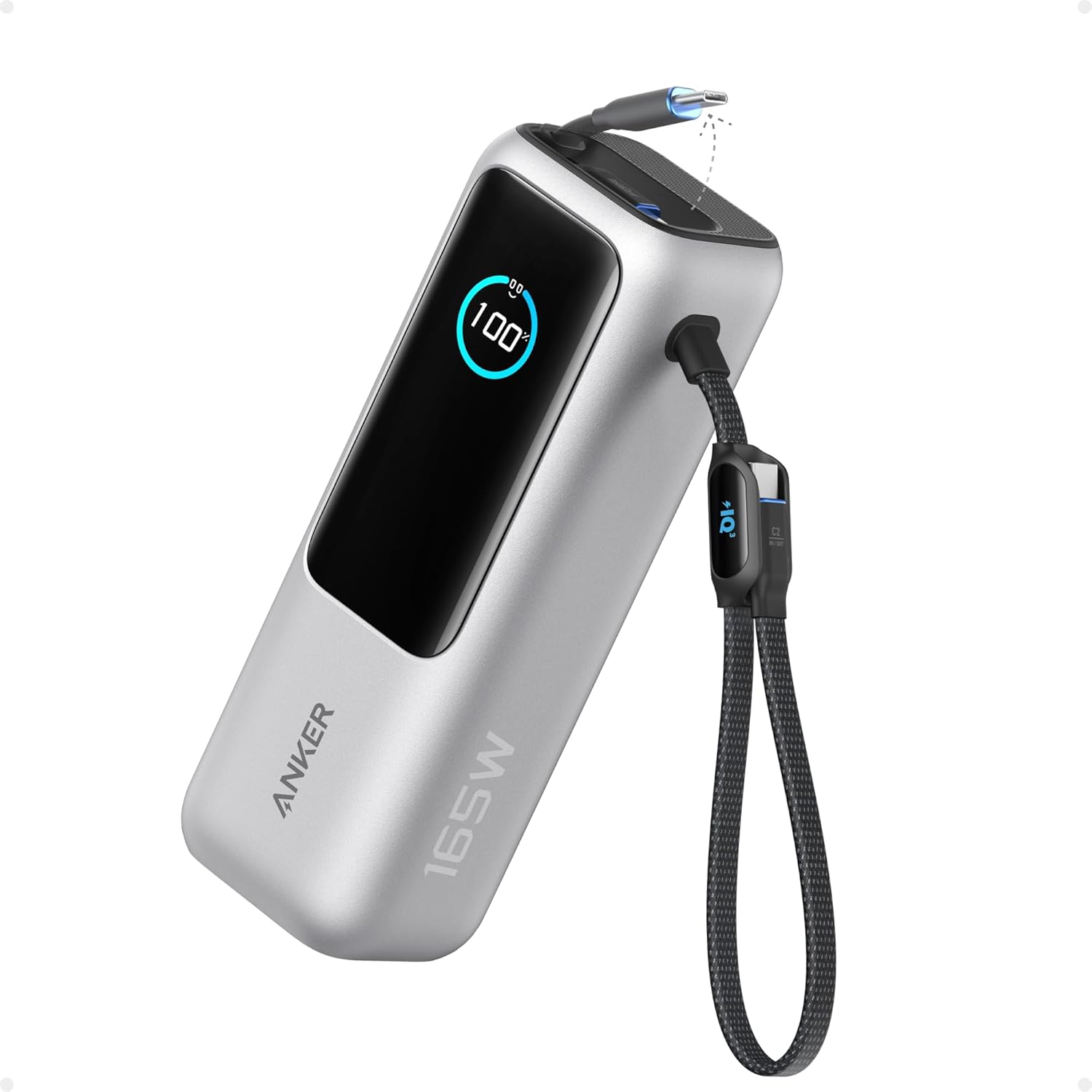 Anker Laptop Power Bank, 25,000mAh Portable Charger with Triple 100W USB-C Ports, Built-in Retractable Cables, Flight-Approved for Travel, iPhone 17/16 Series, MacBook, Samsung, and More