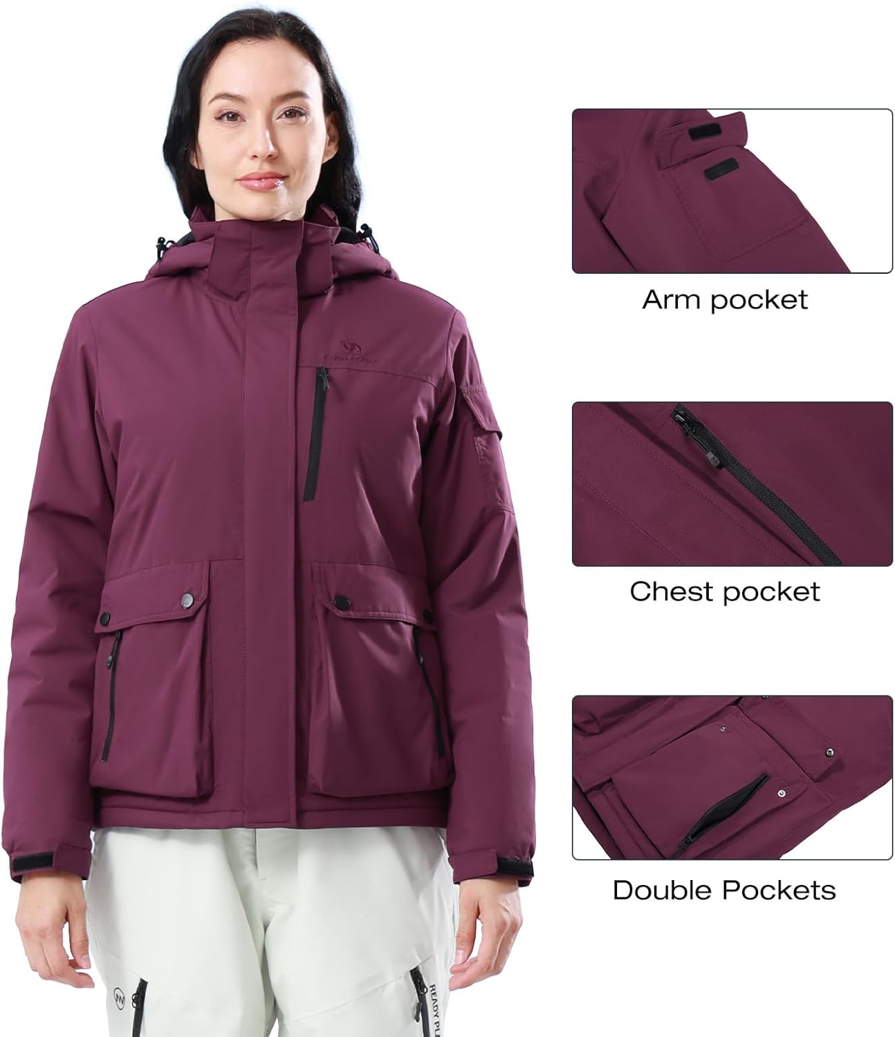 CAMEL CROWN Women's Waterproof Ski Jacket Warm Winter Snow Coat Hiking Windbreaker Hooded Outdoor Snowboarding Jacket - Image 5