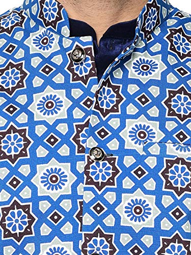 Image of SAIFOO Men's Silk Navy Blue Kurta Pyjama & Printed Nehru Jacket