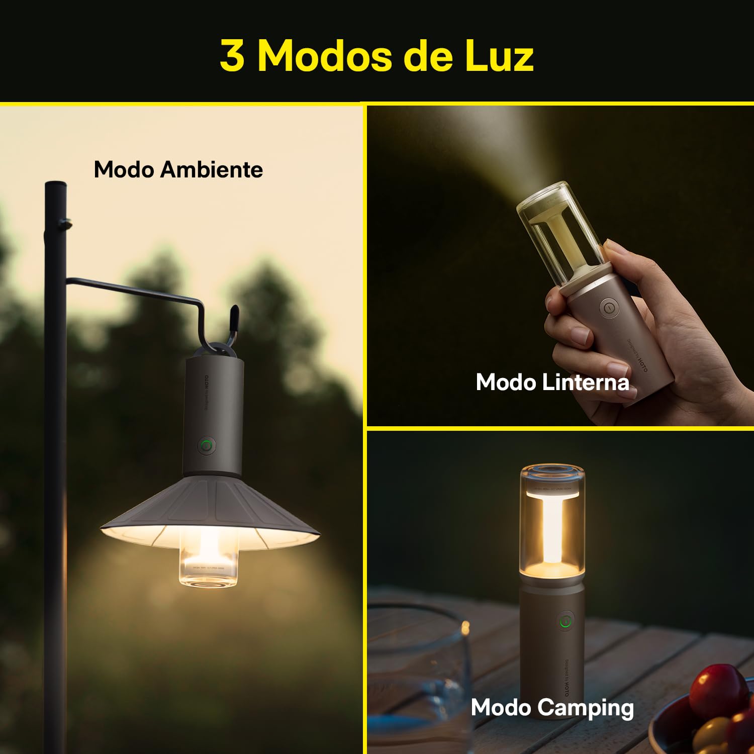 HOTO Linterna de Camping, Recargable por USB-C, Pantalla Desmontable | 8~50h, 3100 mAh, 3 Modos, 180 Lúmenes, IPX6, Adecuada para Acampar, Senderismo, Montañismo, Uso Doméstico