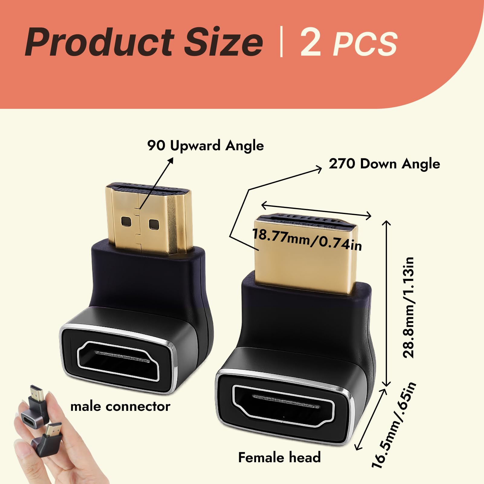 2 Pièces Adaptateur HDMI Coudé 8K, câble HDMI 2.1 et Rallonge HDMI Male Femelle, Coudé 90° et 270°, Connecteur Angle Droit Plaqué Or, Compatible TV, Moniteur, Laptop, Console, Prise HD MI Fiable