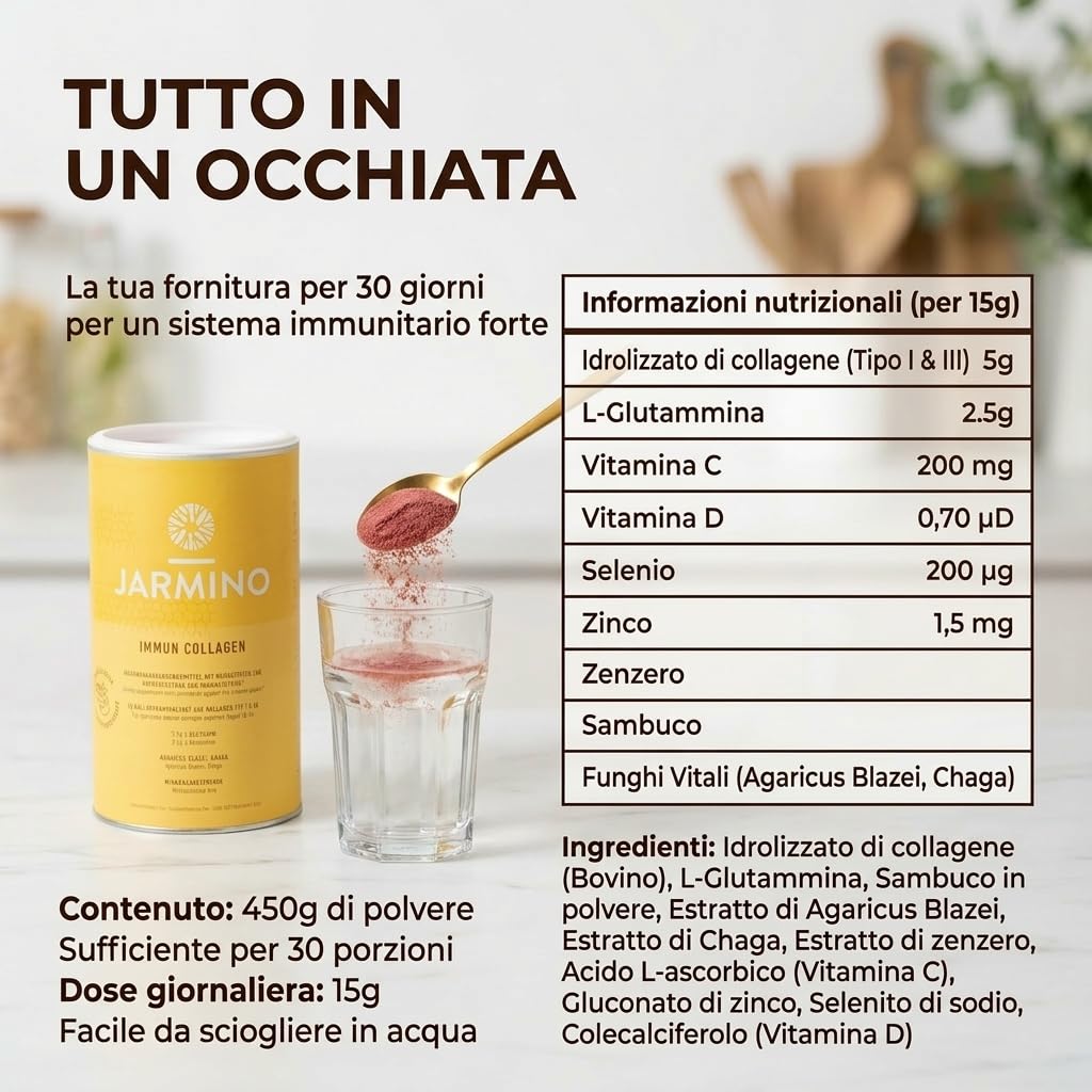 Idrolizzato di collagene con L-Glutammina - Rafforza il sistema immunitario | Vitamina C, D, Selenio, Zinco, Zenzero, Sambuco, Funghi vitali | 450 g di polvere di glutammina | JARMINO