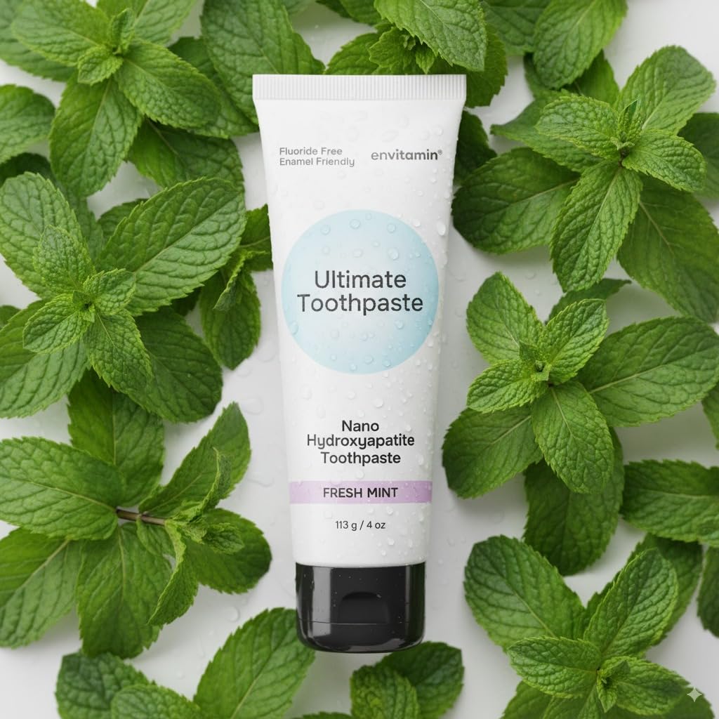envitamin Dentifricio nano idrossiapatite senza fluoro per rimineralizzare smalto e sollievo sensibile, sbiancante, antiplacca, senza SLS, menta fresca, 113,4 g (3 tubetti, menta fresca)