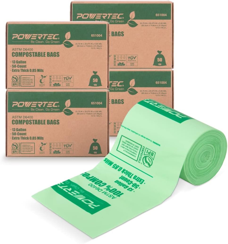 POWERTEC 100% Compostable Bags, 13 Gallon (49.2 Liter), 200 Count | Extra Thick 0.85 Mil Kitchen Food Scrap Waste Bags, ASTM D6400, US BPI and European OK Compost Home Certified