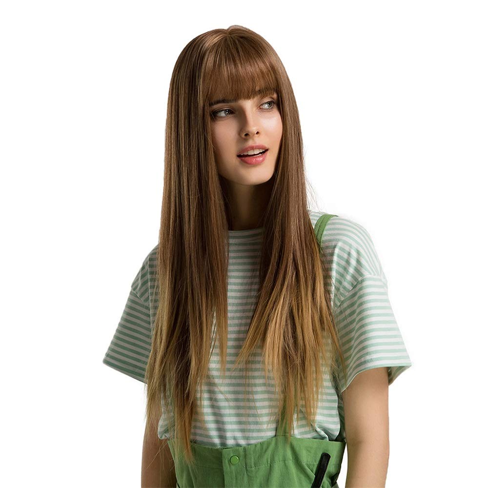 Perruque longue raide brun dégradé doré cheveux synthétiques lady fille