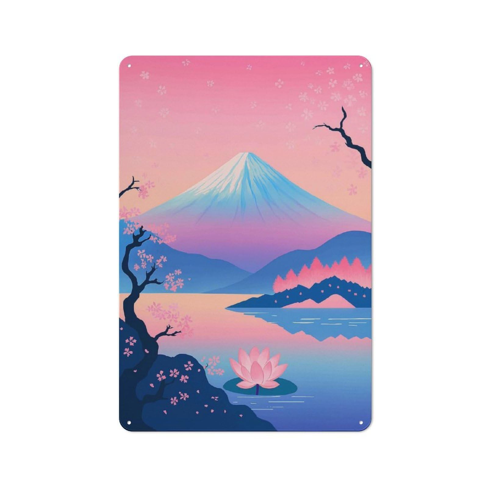 Junmoney Style Vintage Tin Sign 30X20cm With Mount Fuji And Lotus Flower Landscape For Dining Room Or Kitchen, For Autumn Interiors With Vintage Character