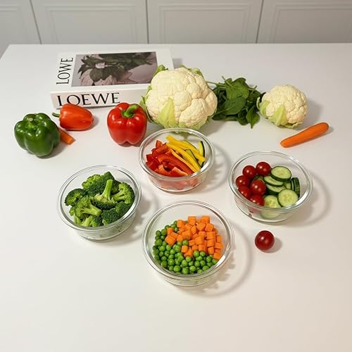 Miniatura 6 de Juego de 4 recipientes de vidrio redondos de 1.5 tazas con tapas y cuchara plegable, recipientes pequeños redondos de vidrio con tapas, tazones