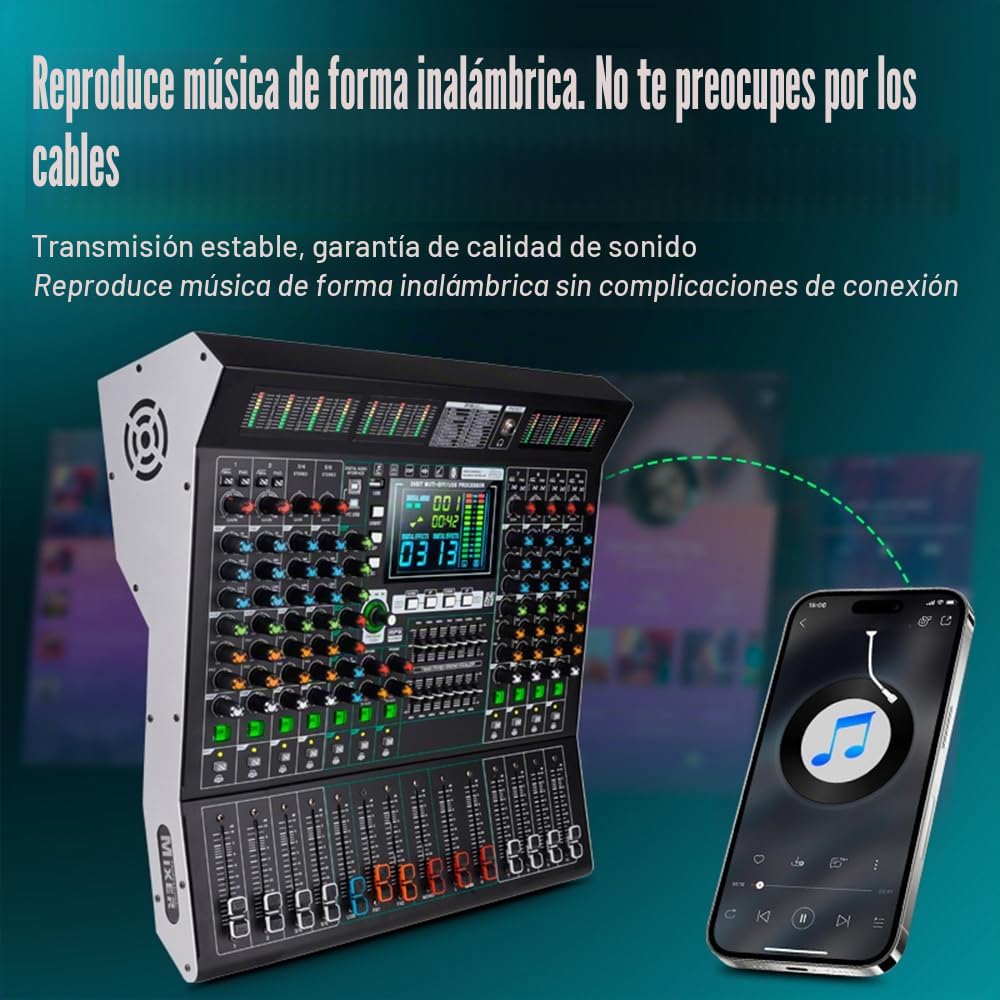 Consola de mezclador de escenario MD10 de 10 canales con 99 efectos DSP, pantalla USB, conexión inalámbrica, control de ecualización independiente, pantalla LED grande, mezclador de audio