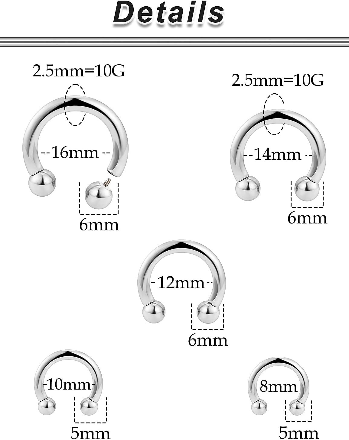 20G-00G Septum Rings Ear Gauges Earrings Stretching Kit 316L Surgical Steel Horseshoe Septum Pa Piercing Jewelry for Women 10mm 12mm 14mm 16mm