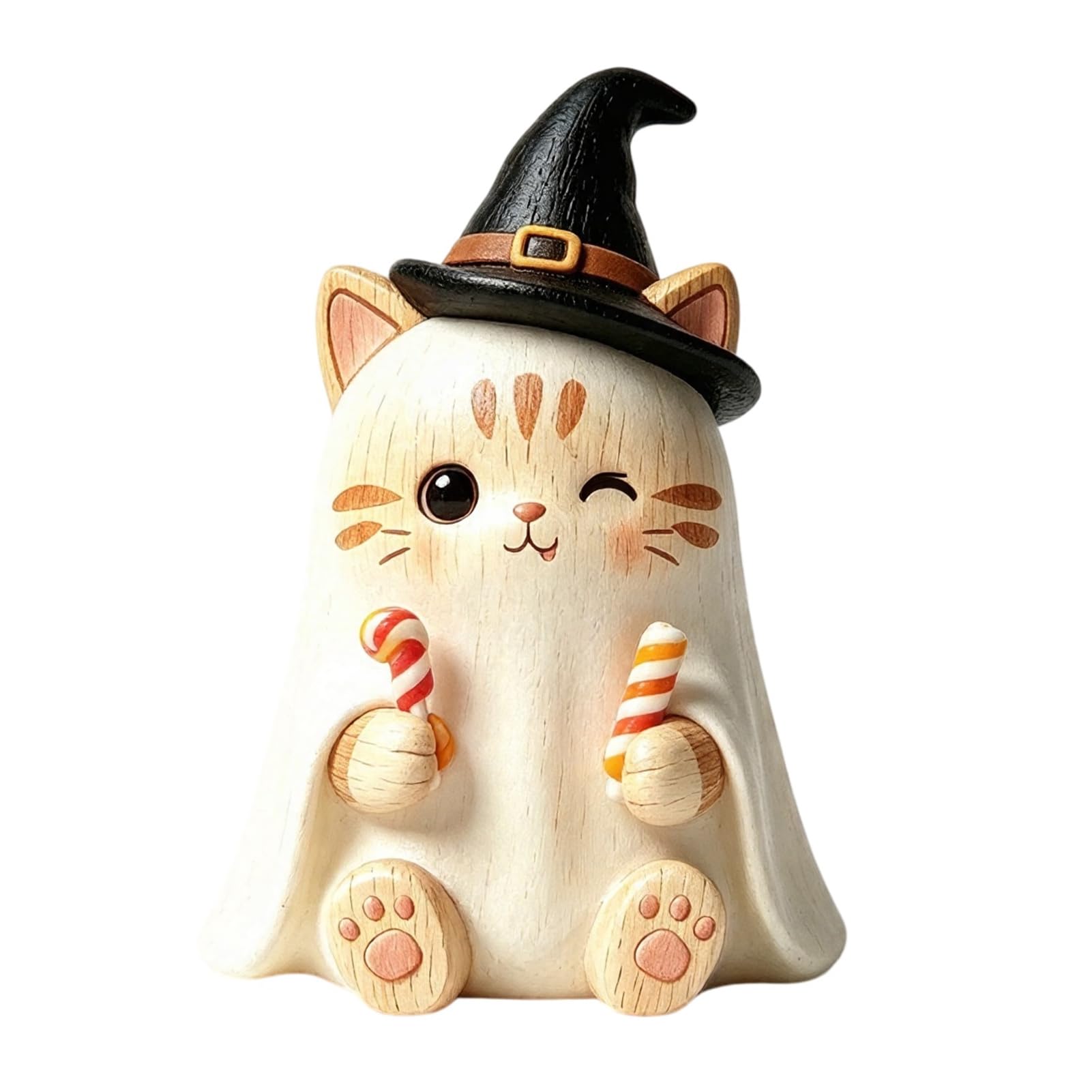 ZhzeYun Wooden Witch Cat Figurine, Vintage Halloween Ornament for Shelf