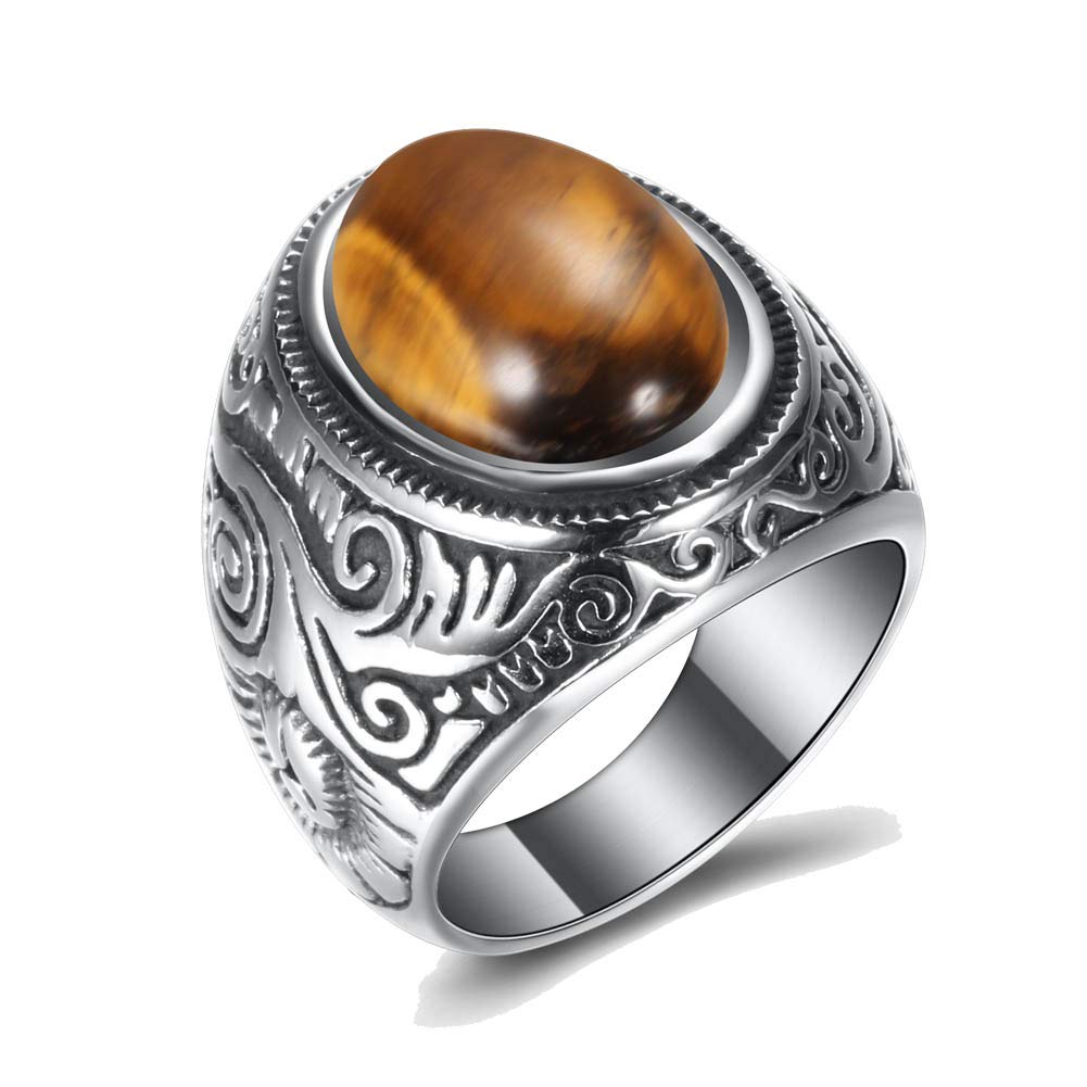 VQYSKO Retro Turquoise Ring for Men and Women | Stainless Steel Oval Turquoise Ring for Men and Women | Ideal Gift for Dad Boyfriend Blue/Black/Brown/