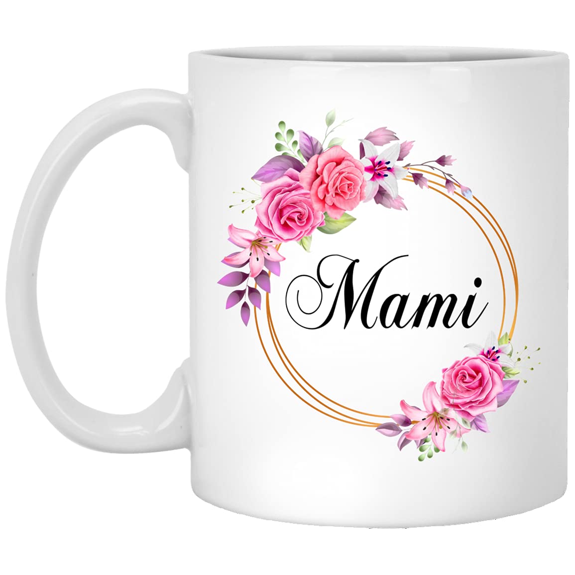 GavinsDesigns Mami Flower Novelty Coffee Mug Gift For Mother's Day - Mami Pink Flowers On Gold Frame - New Mami Mug Flower - Birthday Gifts For Mami - Mami Coffee Mug 11oz