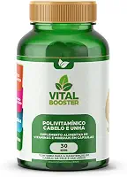 Polivitamínico Cabelo e Unha ANVISA - 19 Vitaminas + L-Cisteína + Zinco Quelado, Combate Caspa, Crescimento Capilar, Biotina 45mcg - 30 Cápsulas