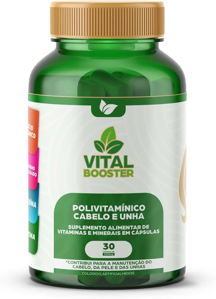 Polivitamínico Cabelo e Unha ANVISA - 19 Vitaminas + L-Cisteína + Zinco Quelado, Combate Caspa, Crescimento Capilar, Biotina 45mcg - 30 Cápsulas