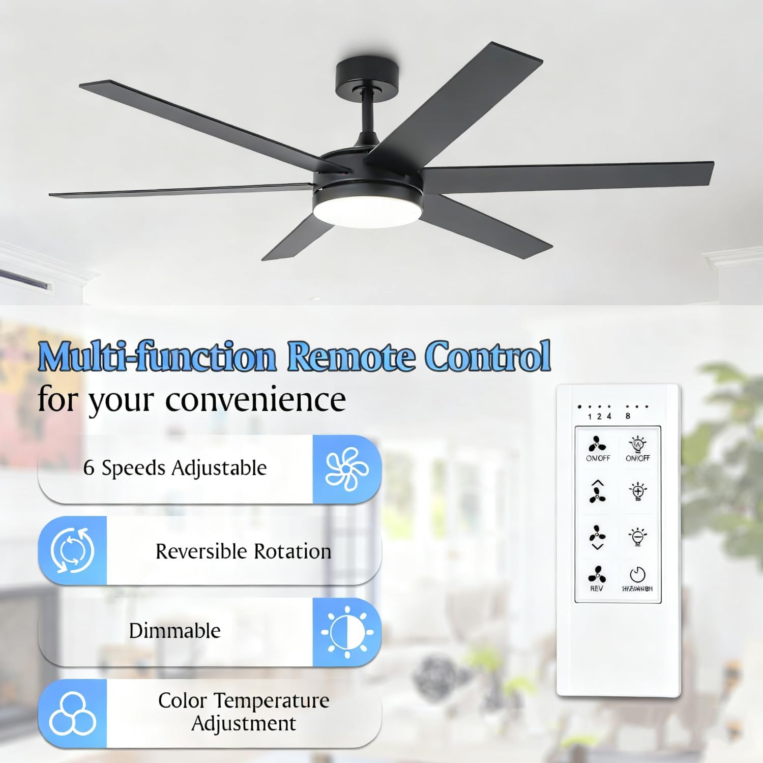 Ceiling Fans with Lights Large Ceiling Fan with Light and Remote Control, Indoor Outdoor Ceiling Fans for Patios Bedroom, Dimmable LED, Reversible DC Motor, 6 Speeds, ETL (Black, 60 Inch)