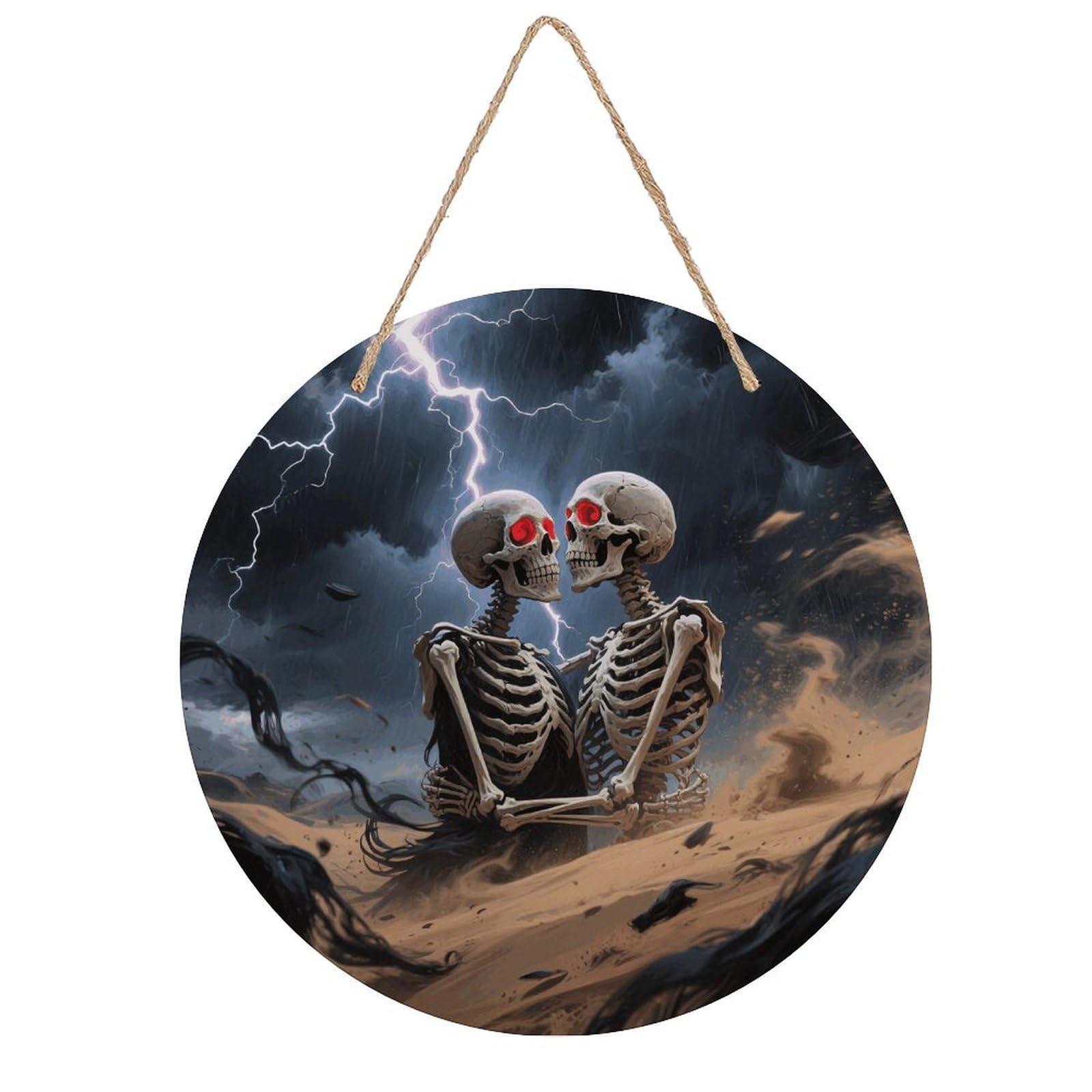 VstaDank The Lovers Skull Wall Decor Round Wood Hanging Sign 7.9x7.9 in Wooden Circle Door Hanger with Ropes, Rustic Wall Art Decor for Home Front Door Indoor Outdoor Decoration