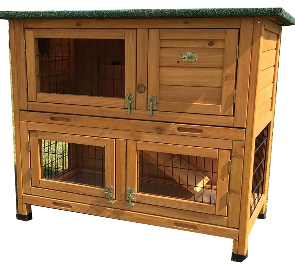 Eggshell ROGER NATURAL RABBIT HUTCH 2 TIER WITH 2 REMOVEABLE DIRT TRAYS RABBIT HUTCH GUINEA PIG HUTCHES RUN