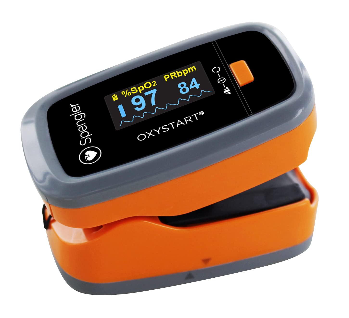 Oxymètre de doigt SPENGLER Oxystart, Oxymètre de Pouls Digital Portable, Facile à Utiliser, Fiable et Précis, Compact et Léger (Orange)