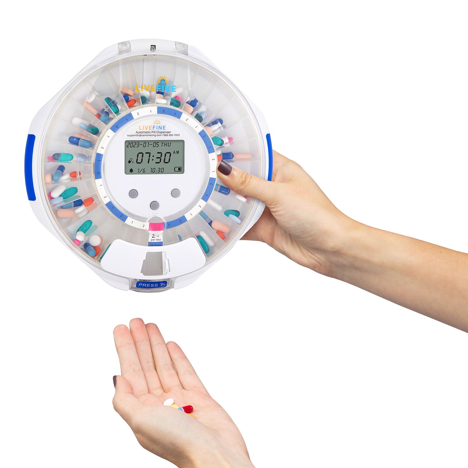 LiveFine Pilulier automatique avec organiseur électronique de médicaments de 28 jours, 6 anneaux de dosage, écran LCD avec alertes sonores et lumineuses, clé et loupe pour prescriptions, vitamines et