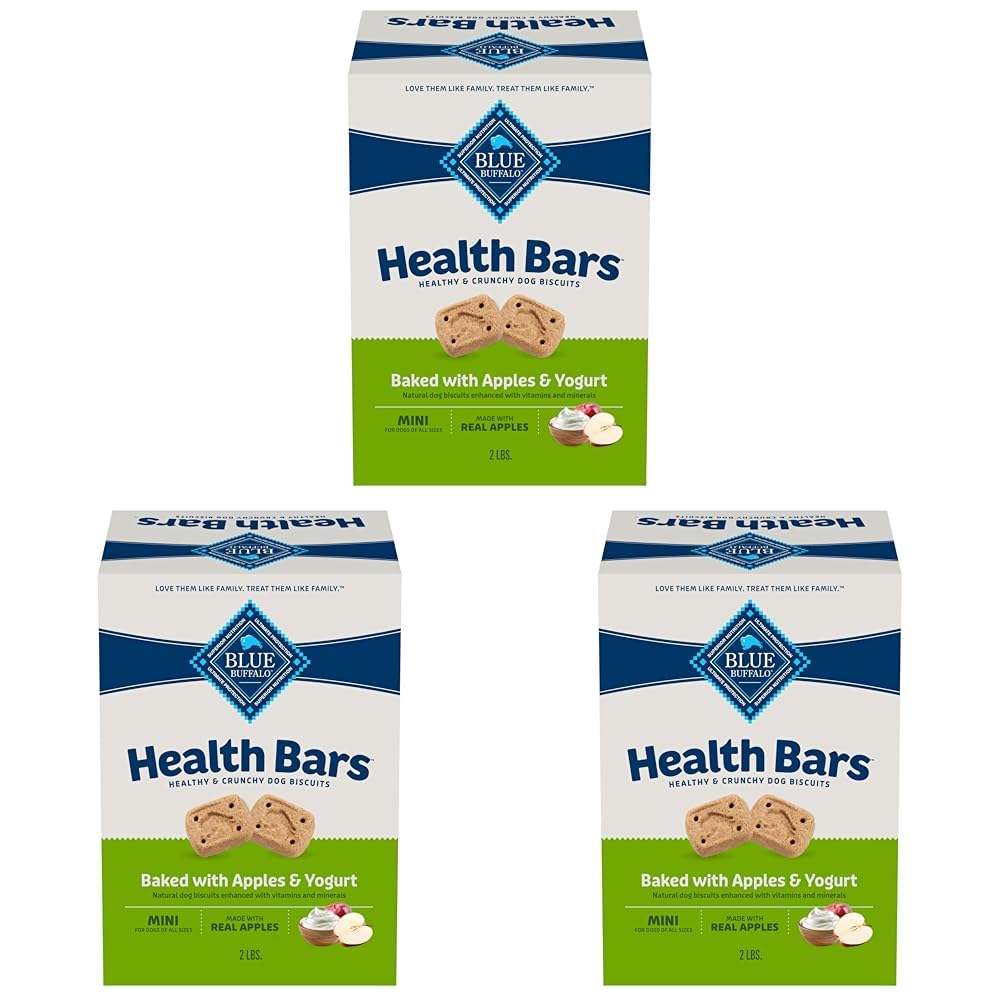 Blue Buffalo Mini Health Bars Crunchy Dog Biscuits, Oven-Baked with Natural Ingredients, Apples &amp; Yogurt, 2-lb Box (Pack of 3)