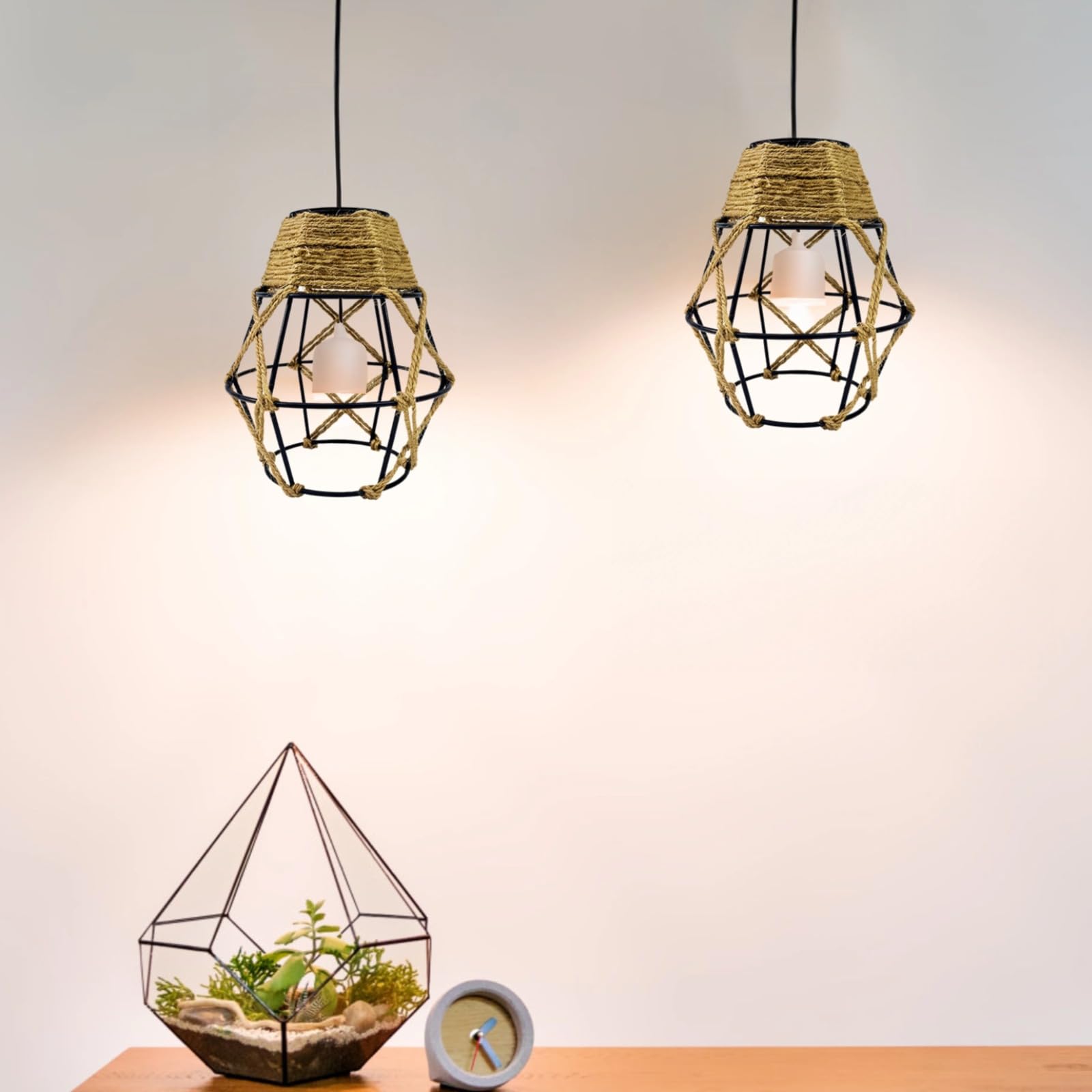 Wiszące abażury świetlne, tkana lina klosz lampy z żelazną ramą, ręcznie robiona artystyczna lampa wisząca osłona liny, diamentowy design, wymienne klosze do salonu, sypialni, jadalni, hotelu, 3 szt