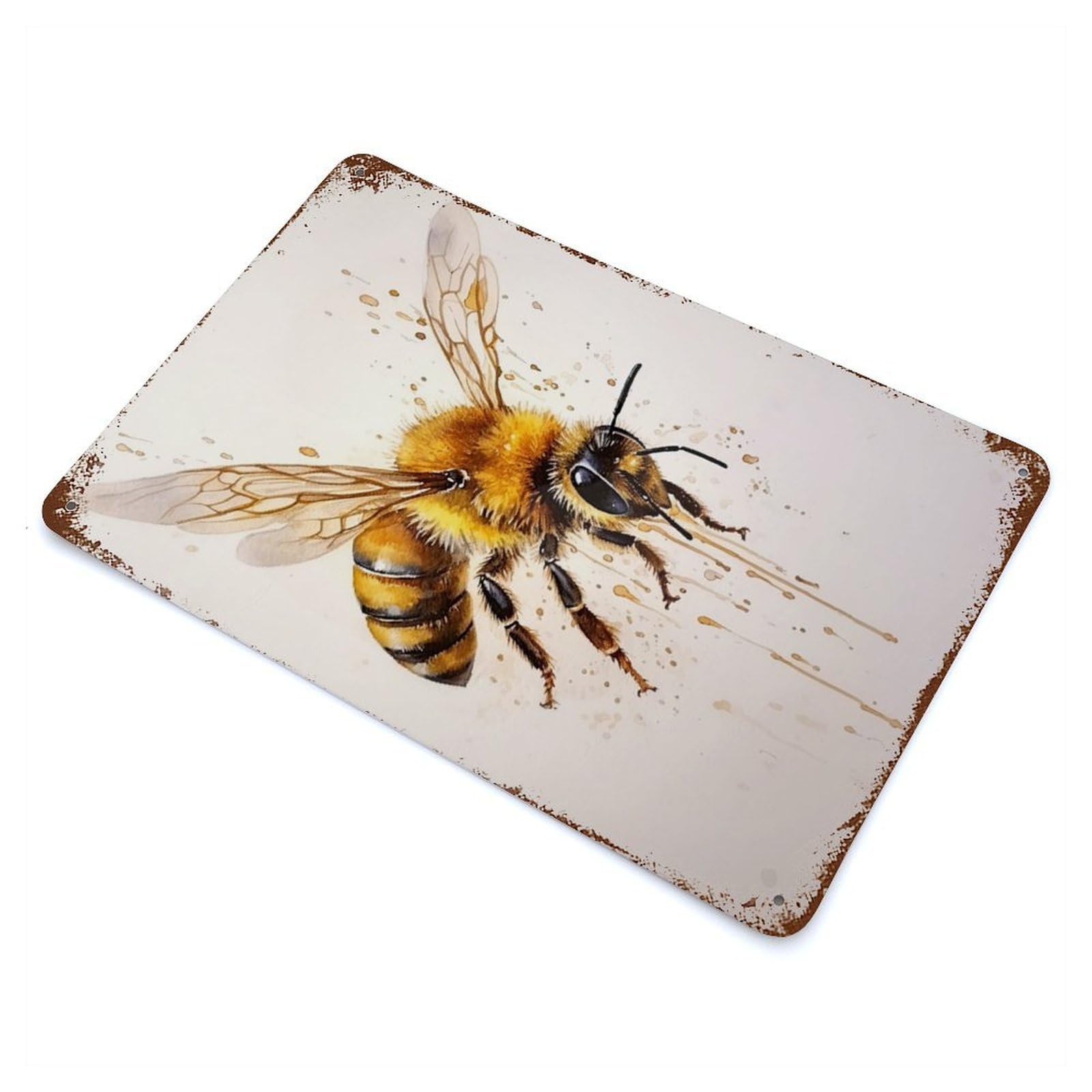 Bee Watercolor Aged Metal Wall Plaque 11.8"x7.9", Industrial Home Decor for Pub, Kitchen And Man Cave Decor