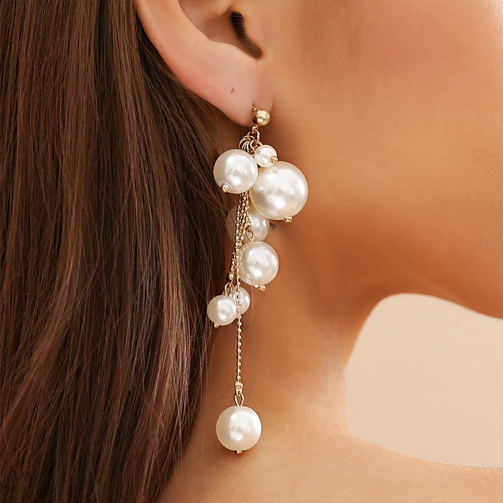 Statement Beaded Pearl Dangling Earrings for Women, Cute Gold Beads Pearls Drop Dangle Earring Long Tassel Stud Y2K Prom Party Jewelry Aesthetic Gift - Image 8
