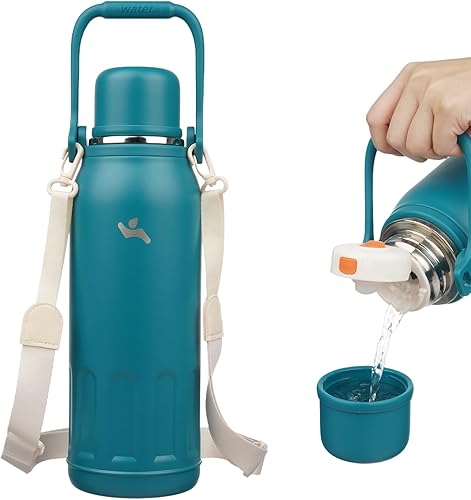 Miniatura 9 de Botella de agua térmica con asa y correa, vaso de viaje al vacío con tapa de taza, taza de café térmica para bebidas frías y calientes, 27 onzas,