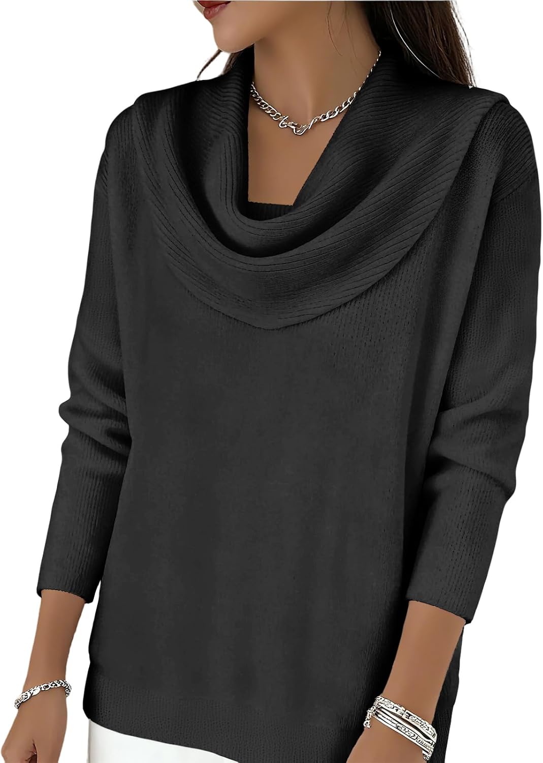 Women's Cowl Neck Sweater Long Sleeve Loose Knit Pullover Casual Soft Basic Top for Spring Fall - Image 3