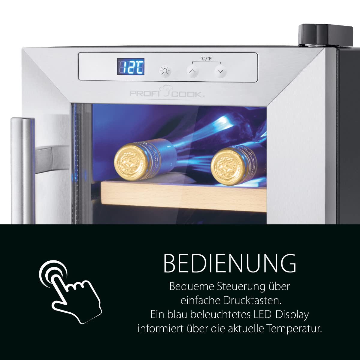 ProfiCook Weinkühlschrank 6 Flaschen UV-beständige Glastür LED-Beleuchtung 11-18°C PC-WK 1231