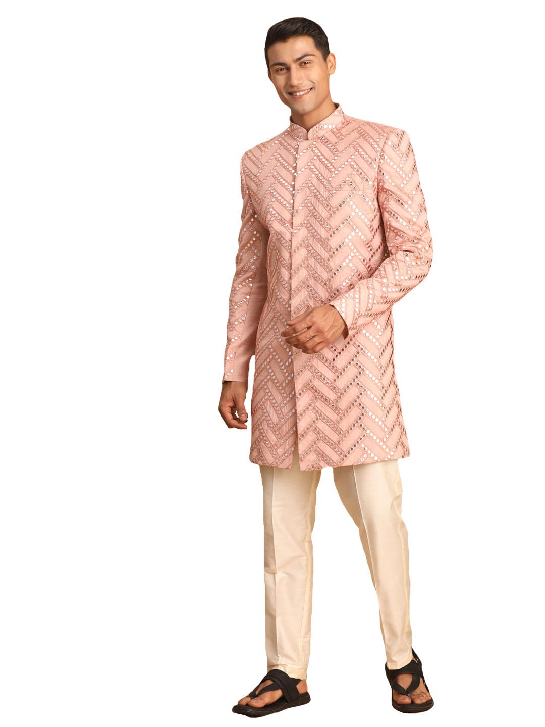 Men's Aqua Silk Blend Sherwani Set | Trend setting Men's Indowestern Style Mirror Work Sherwani.Comes with Pant Style Pyjama.-image-7