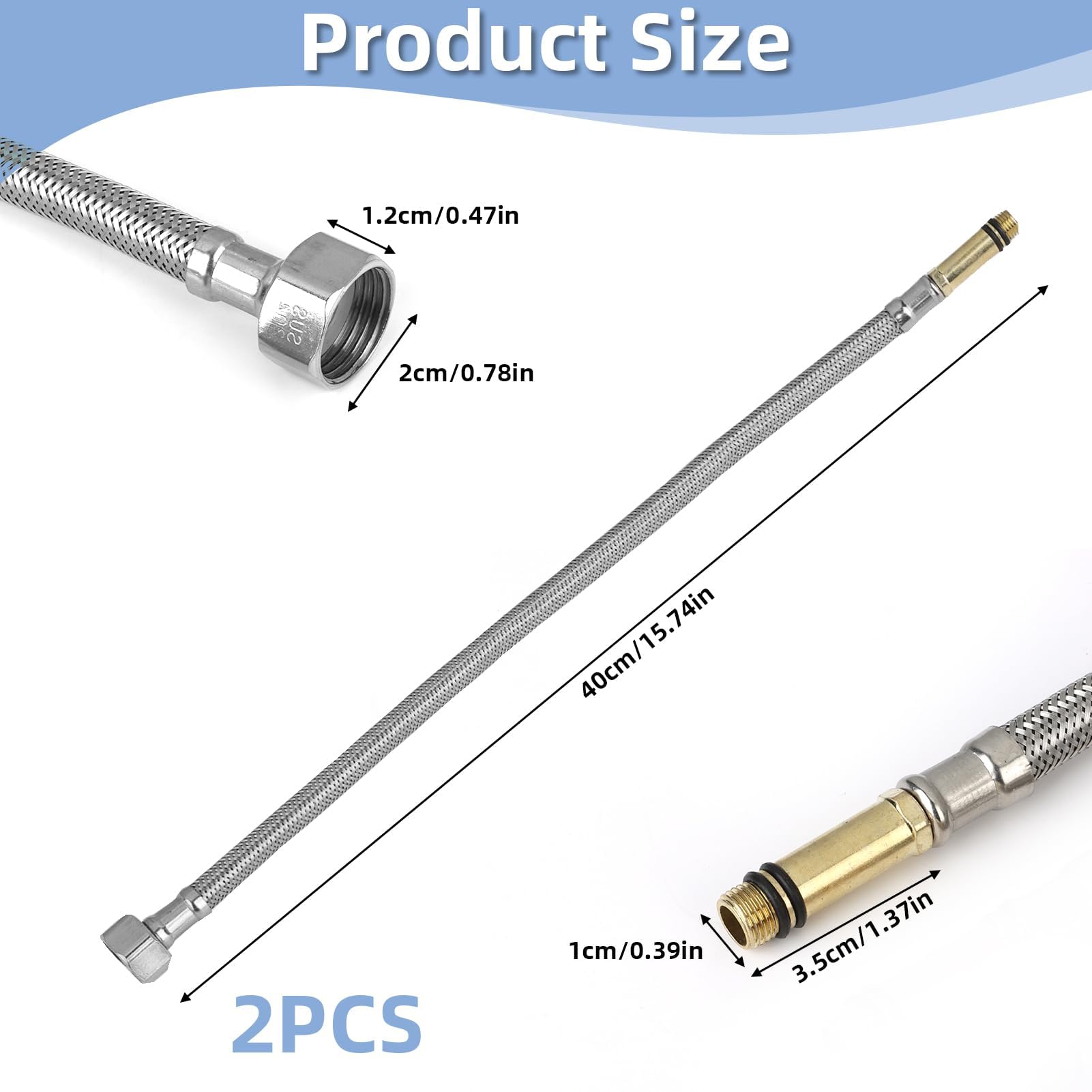 2 Pack Flexible Tap Connectors M10(10mm) x 1/2" Fitting 400mm Long Flexible Pipes Tails for Kitchen/Basin Monobloc Mixer Stainless Steel Braided Hose Pipe for Bathroom Sink Hot Cold Water Supply - Image 2