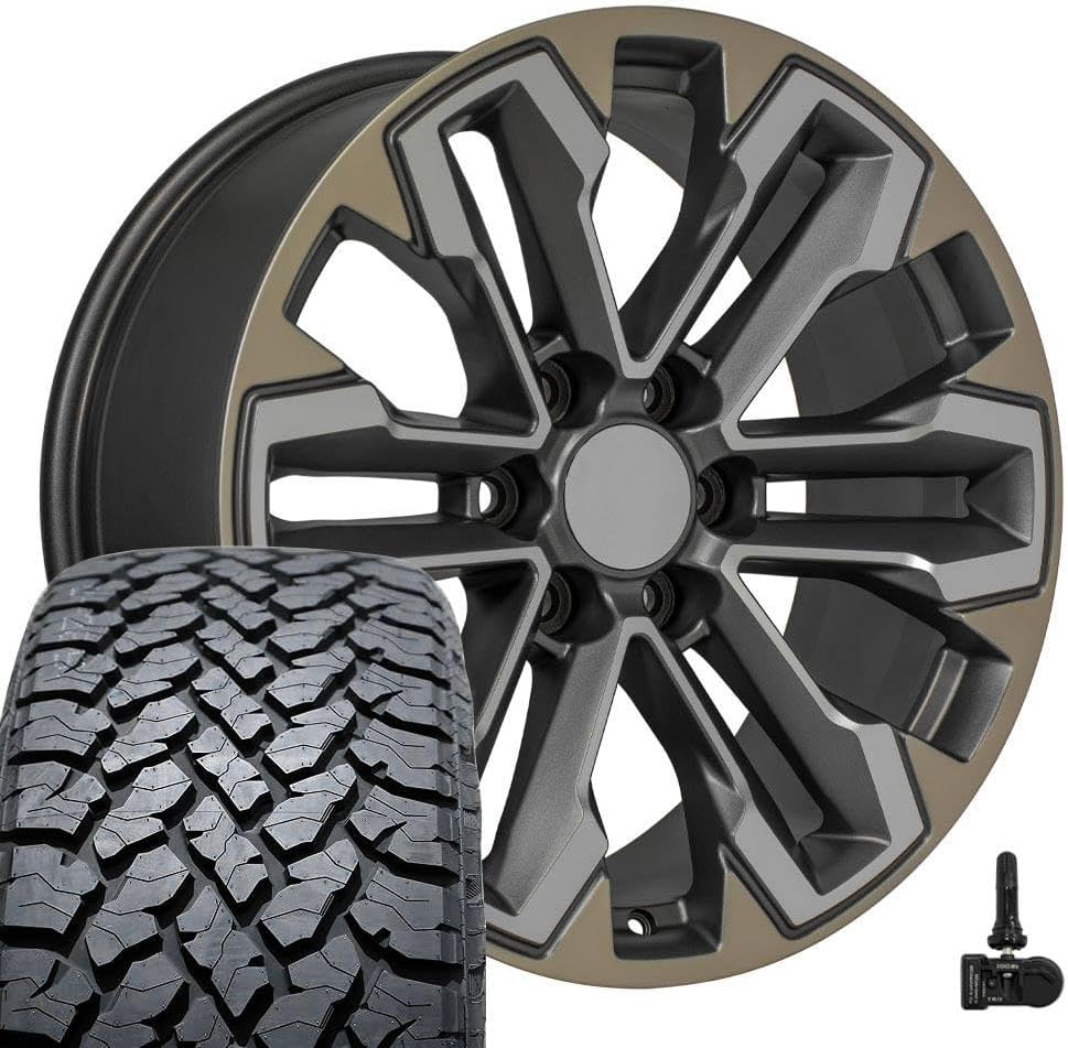 OE Wheels CV69 20 Inch Rims and Tires Fit Silverado 1500 Style 6x139.7 20x9 Satin Gunmetal Machined Face - Two Tone - Hollander 5905 - TS-37 AT 275/55-20 (Set of 4)