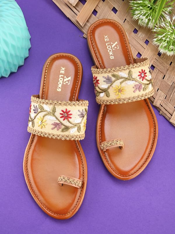 Image of XE Looks Women's One Toe Ethnic Slip-On Flat Slippers Embellished & Trendy Footwear For Women & Girls