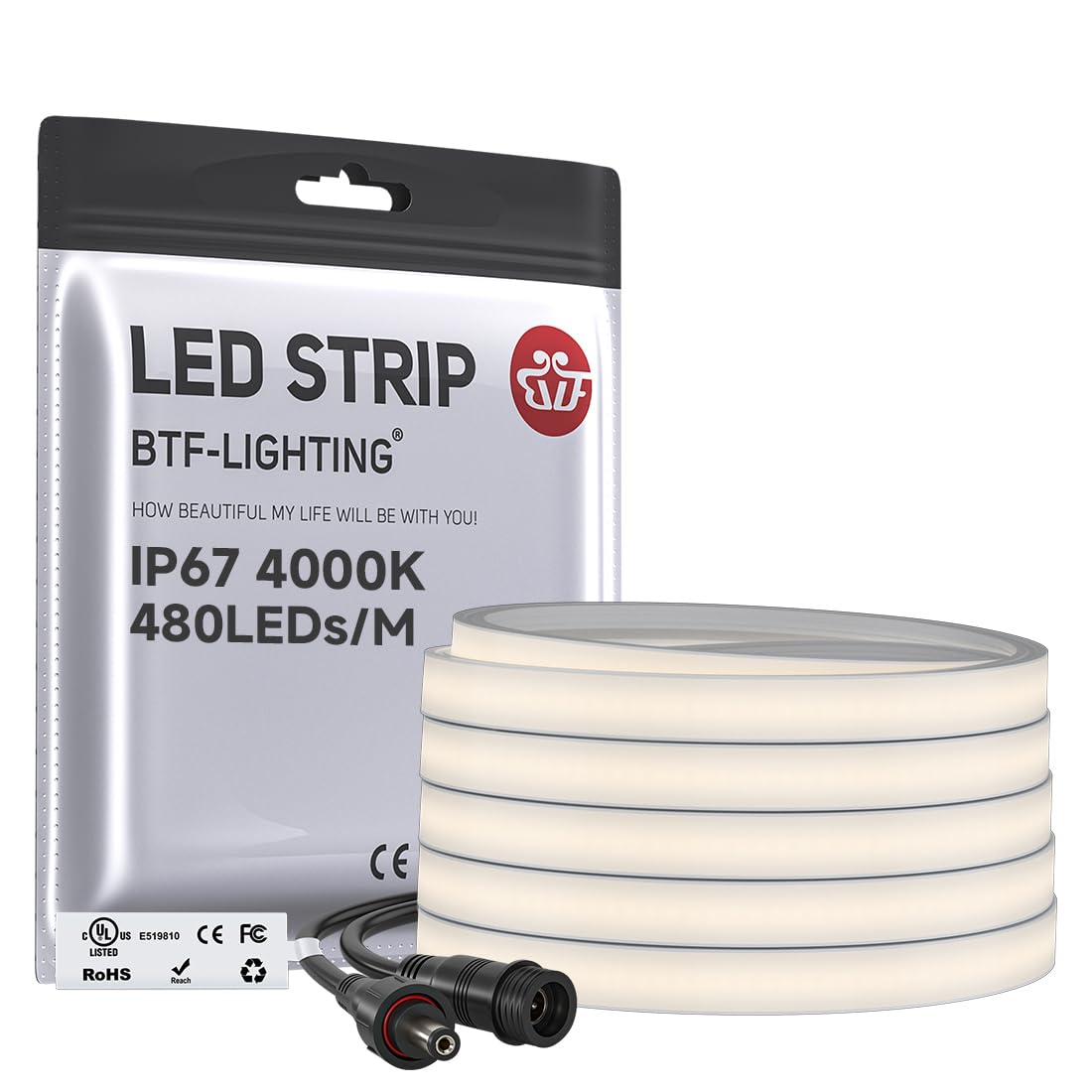 BTF-LIGHTING COB LED Strip Light, UL Listed Diffused Neon Light Natural White 4000K, IP67 Waterproof 16.4FT DC24V 10mm Width LED Light for Home Indoor DIY Lighting(No Adhesive, Adapter &amp; Controller)