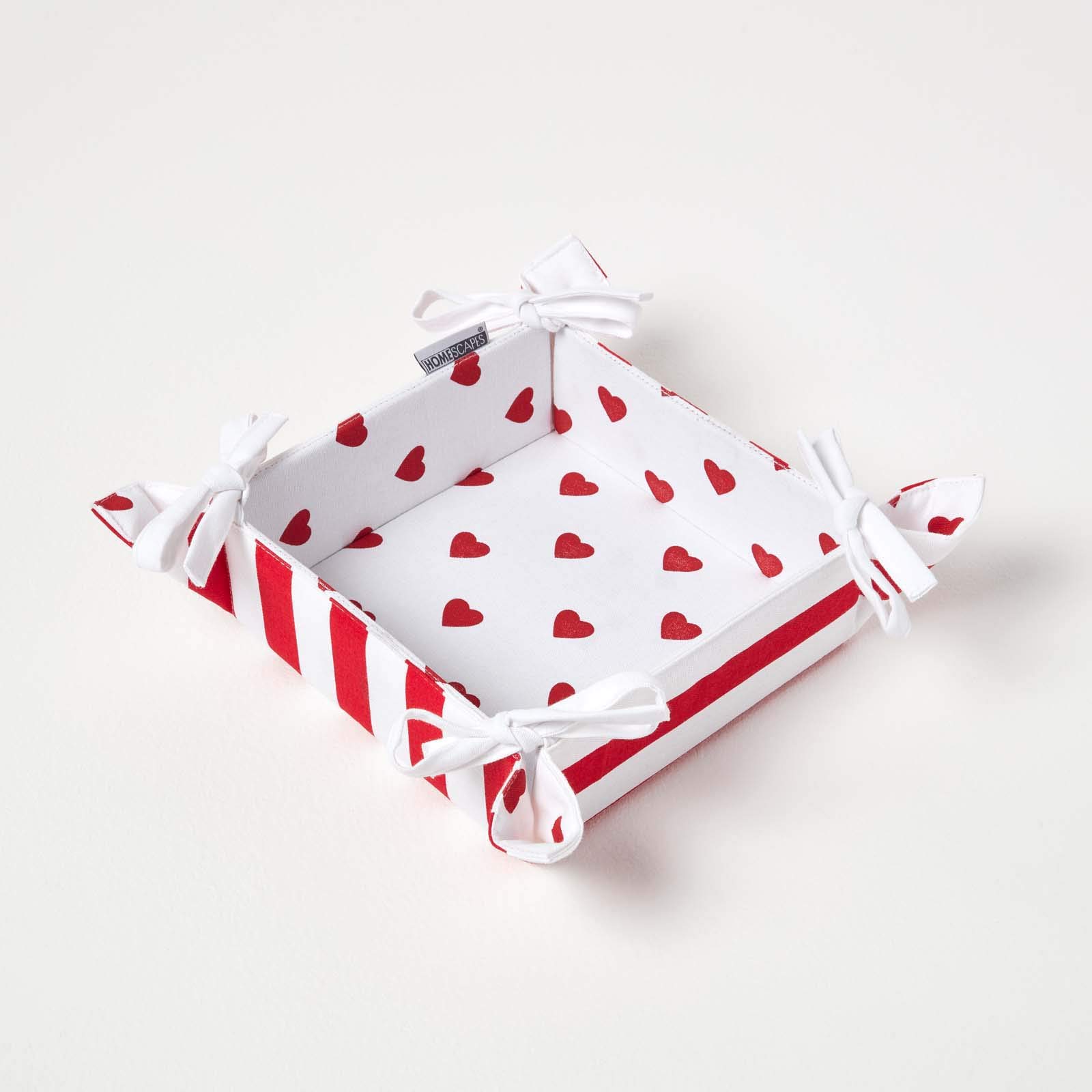 HOMESCAPES Reversible Bread Basket Double Design Fabric Red Hearts pattern Foldable Basket for Buns Eggs Baked Goods 100% Cotton Cover