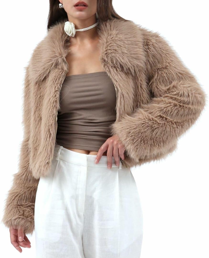 Amazhiyu Womens Faux Fur Zip-Up Cropped Jacket Long Sleeve Warm Winter Coat