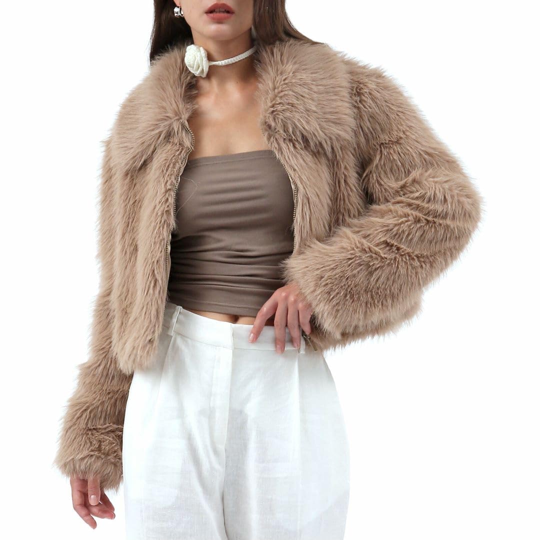 Amazhiyu Womens Faux Fur Zip-Up Cropped Jacket Long Sleeve Warm Winter Coat
